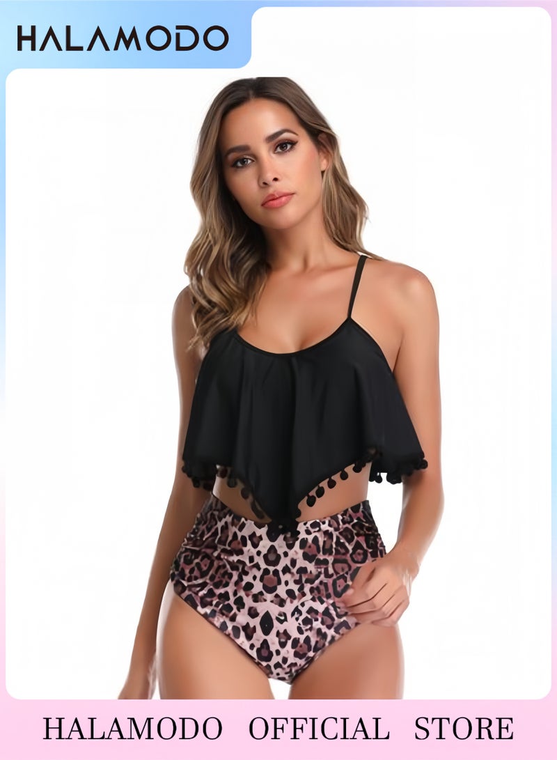 2 PCS Tankini Swimsuits for Women,High Waisted Swim Suit Bikini Sets,Modest Bathing Suits Tummy Control Ruffled Swimwear